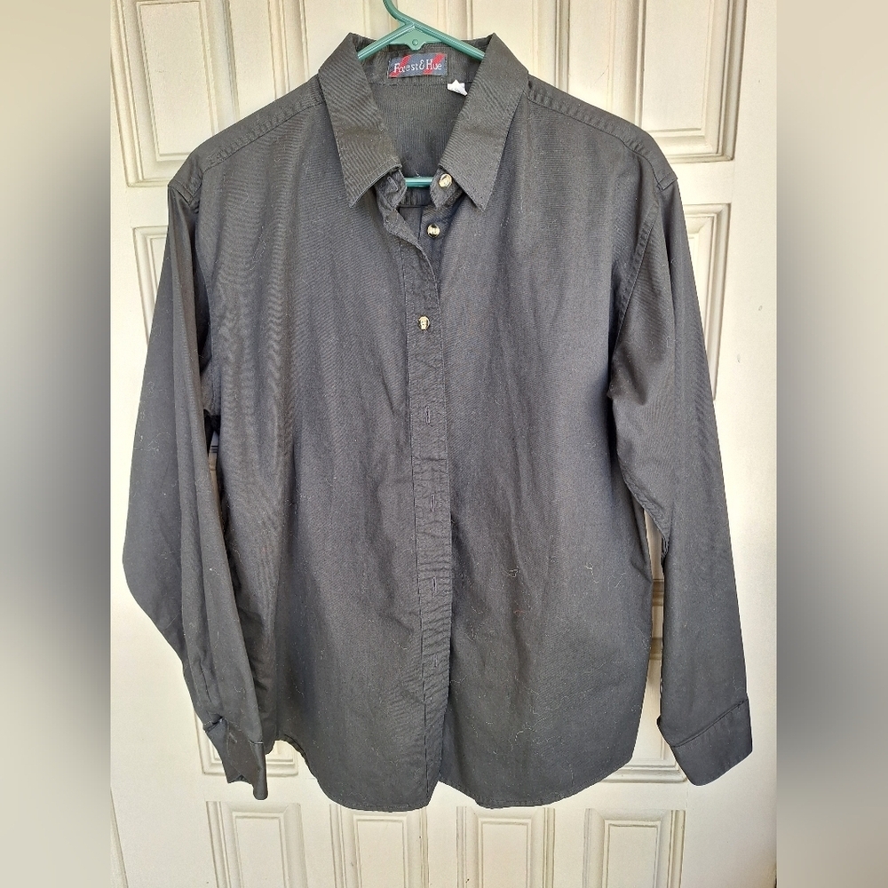 Forest & Hue Womens Black Collar Shirt SzL Long Sleeves Back Pleat Heavy Cotton